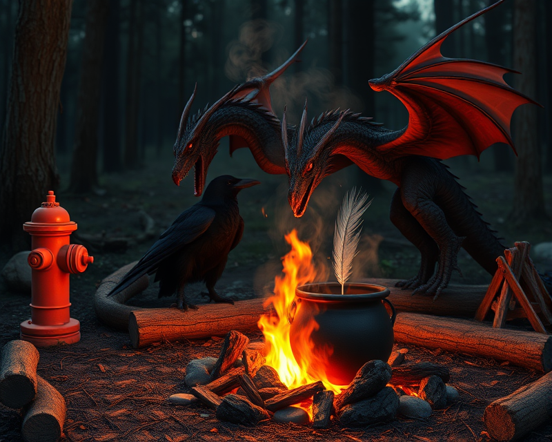 campfire, fire hydrant, dragon, raven, cauldron, feather